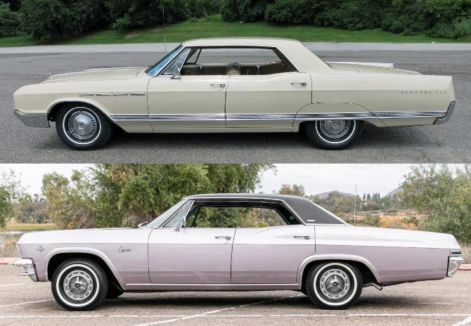 Составное фото, на котором изображены левые стороны четырехдверного хардтопа Buick Electra 225 Custom 1965 года выпуска цвета Shell Beige и четырехдверного хардтопа Chevrolet Caprice 1965 года выпуска Evening Orchid с черным виниловым верхом.